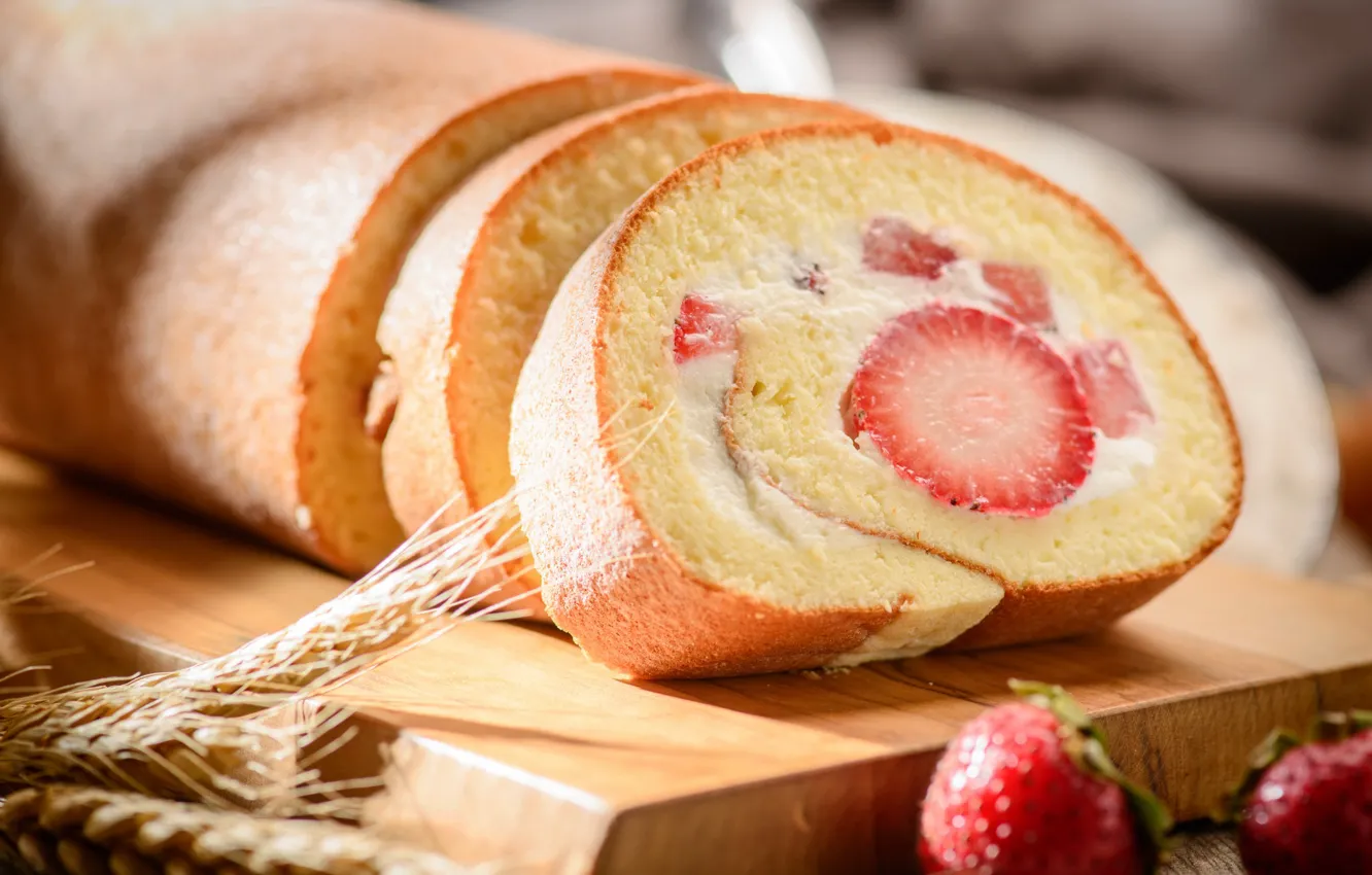 Photo wallpaper strawberry, cream, cakes, Roll