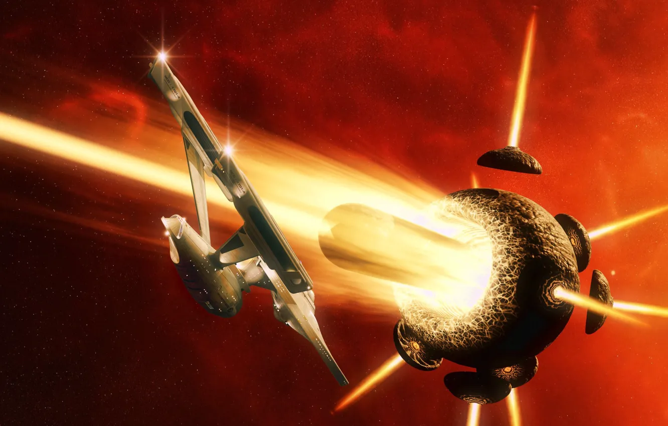 Photo wallpaper space, stars, flame, spaceship, Strange encounter