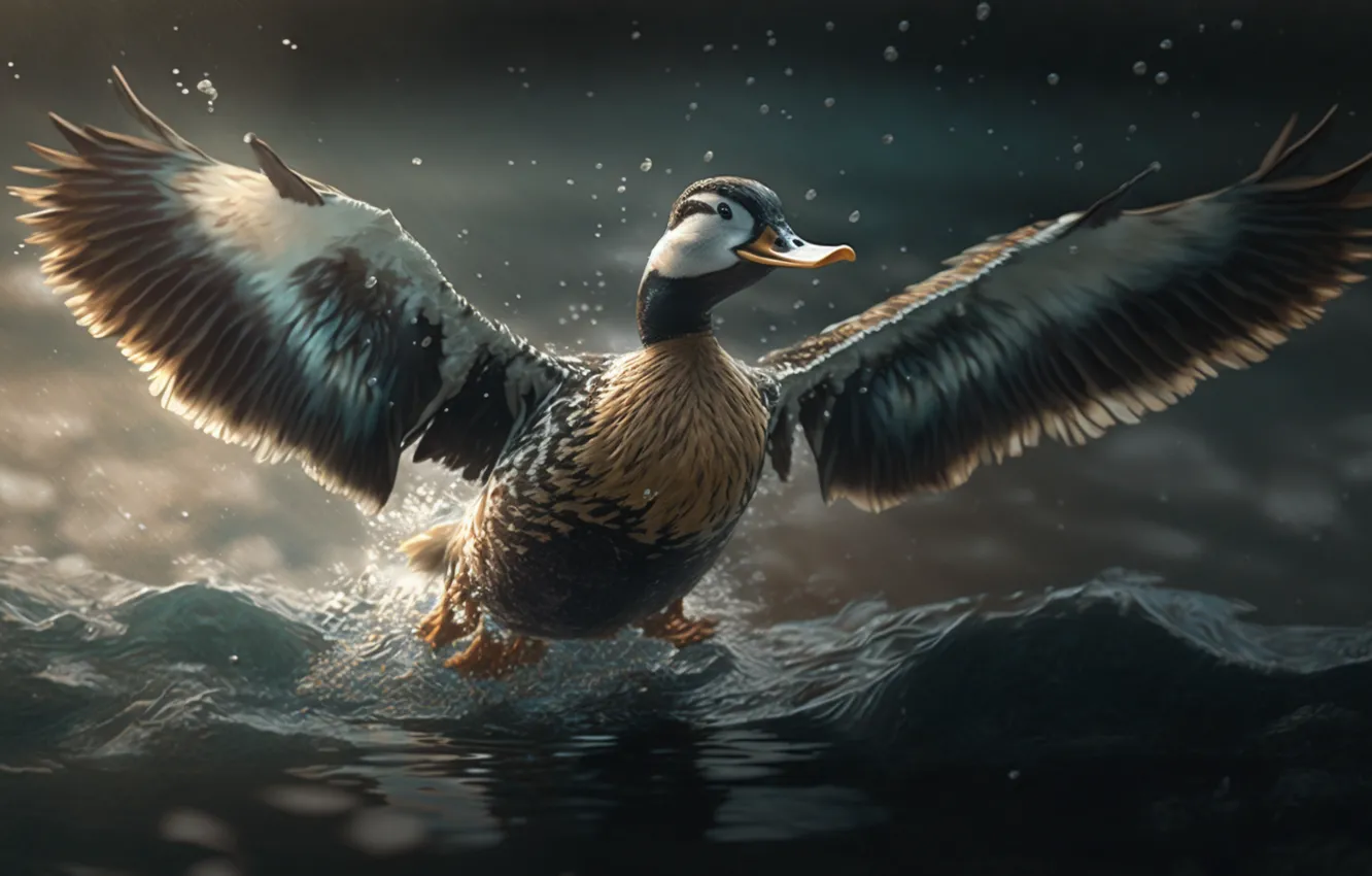 Photo wallpaper water, flight, pond, duck, wings, digital art, AI art, The Art of Artificial Intelligence