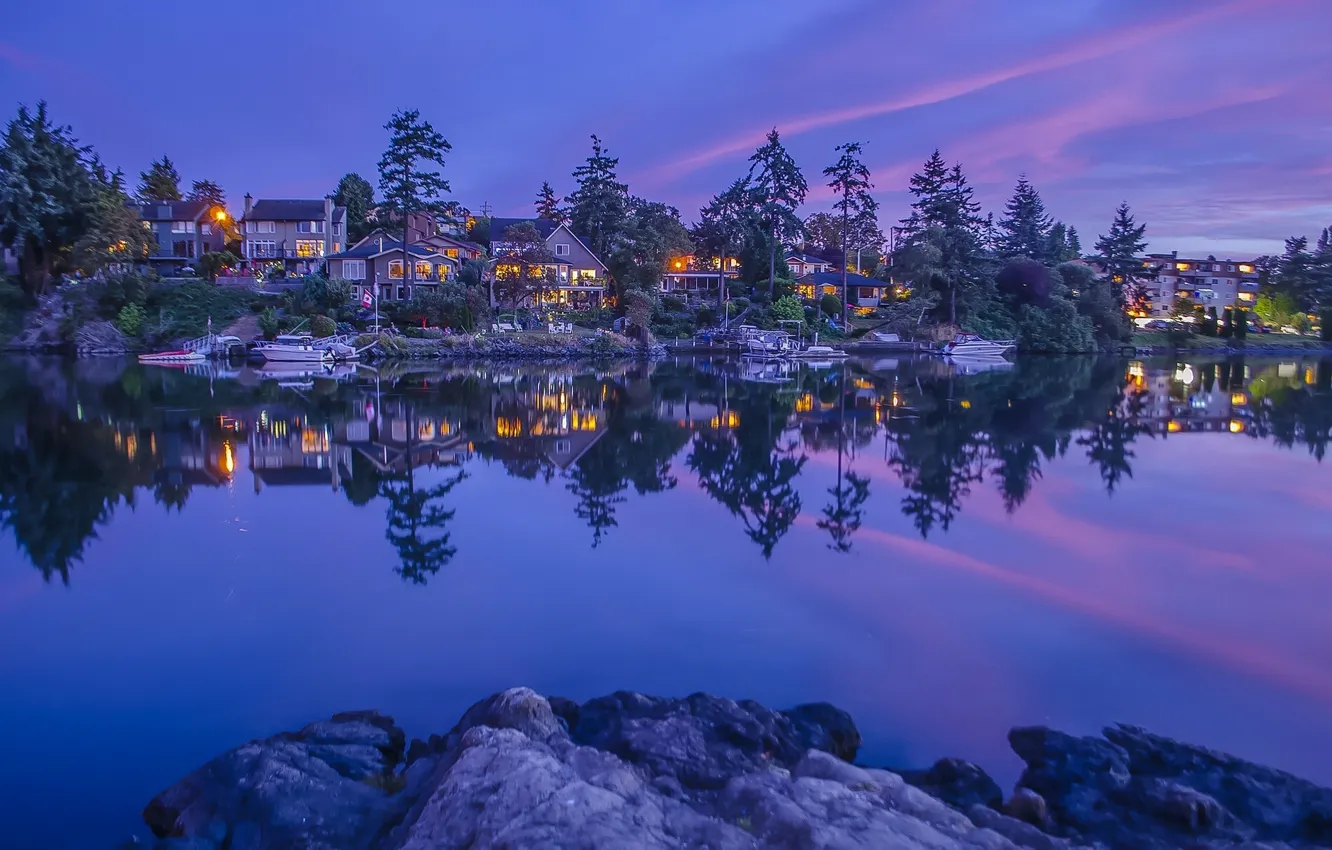 Photo wallpaper trees, reflection, river, Marina, home, Canada, Canada, British Columbia