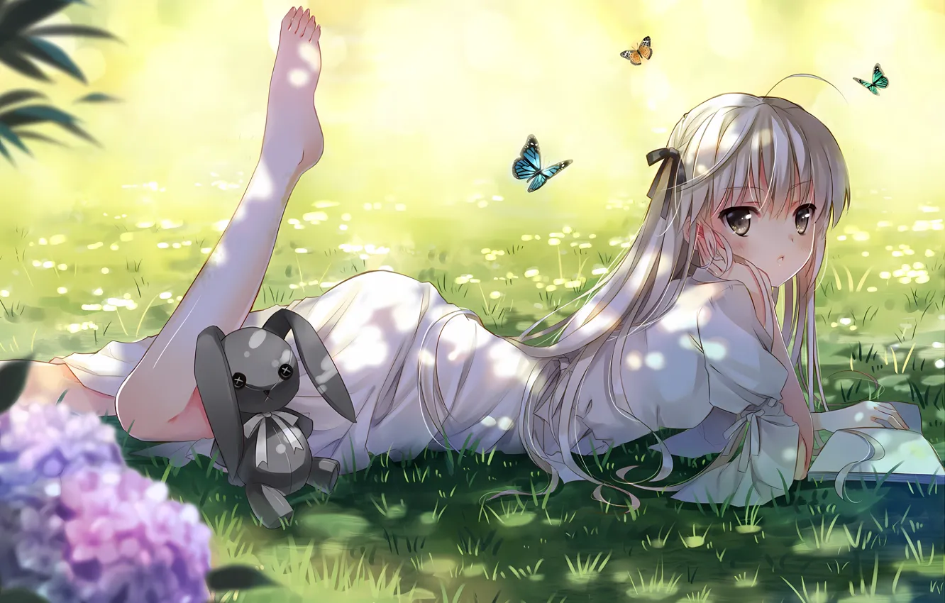 Photo wallpaper girl, grass, long hair, dress, anime, flowers, beautiful, pretty