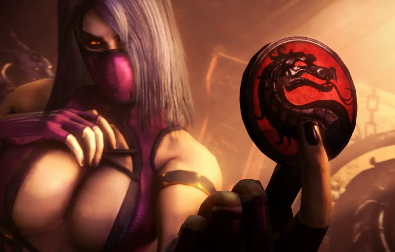 Photo wallpaper girl, dragon, focus, art, coins, badge, Mortal Kombat, Mileena