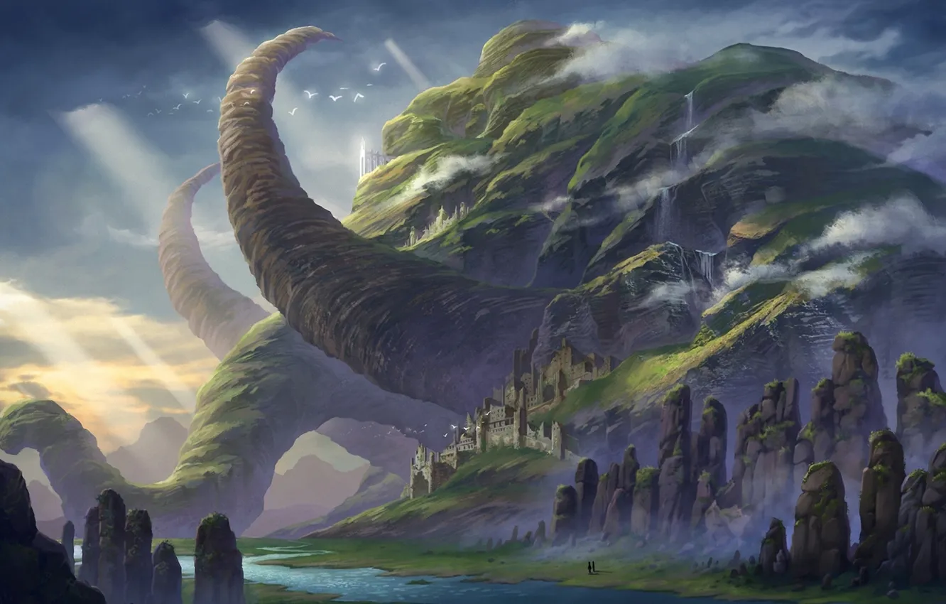 Photo wallpaper greens, water, mountains, the city, castle, rocks, elephant, art