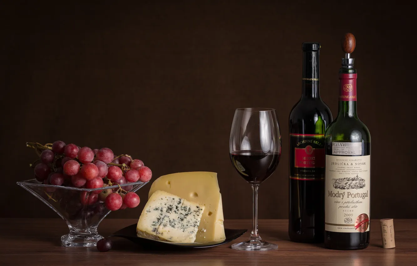 Photo wallpaper glass, cheese, grapes, red wine