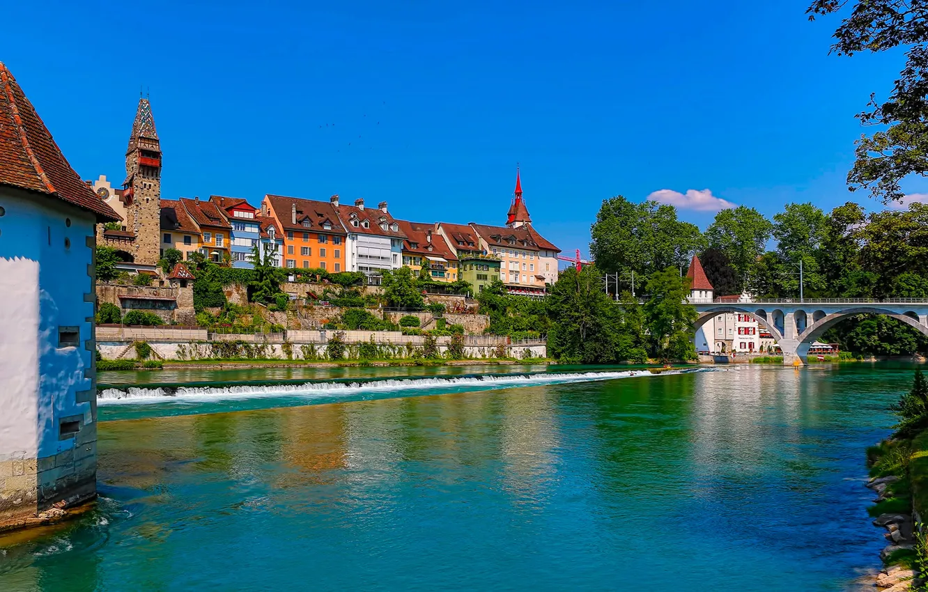 Photo wallpaper the sky, trees, bridge, river, home, Switzerland, Bremgarten
