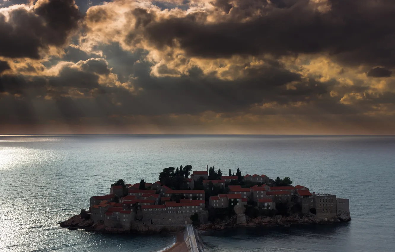 Photo wallpaper sea, the sky, clouds, island, home, resort, Montenegro, Saint Stephen