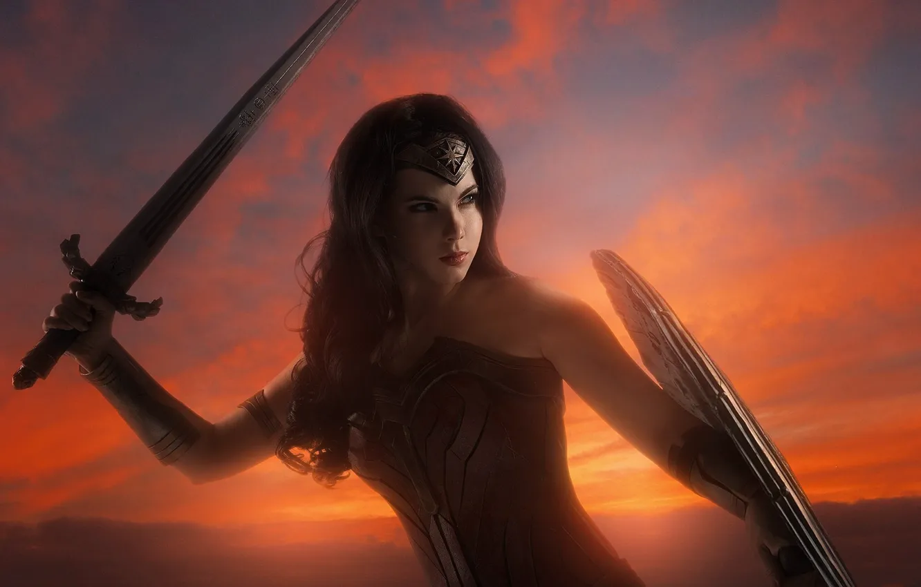 Photo wallpaper cinema, sword, Wonder Woman, armor, sky, movie, ken, blade