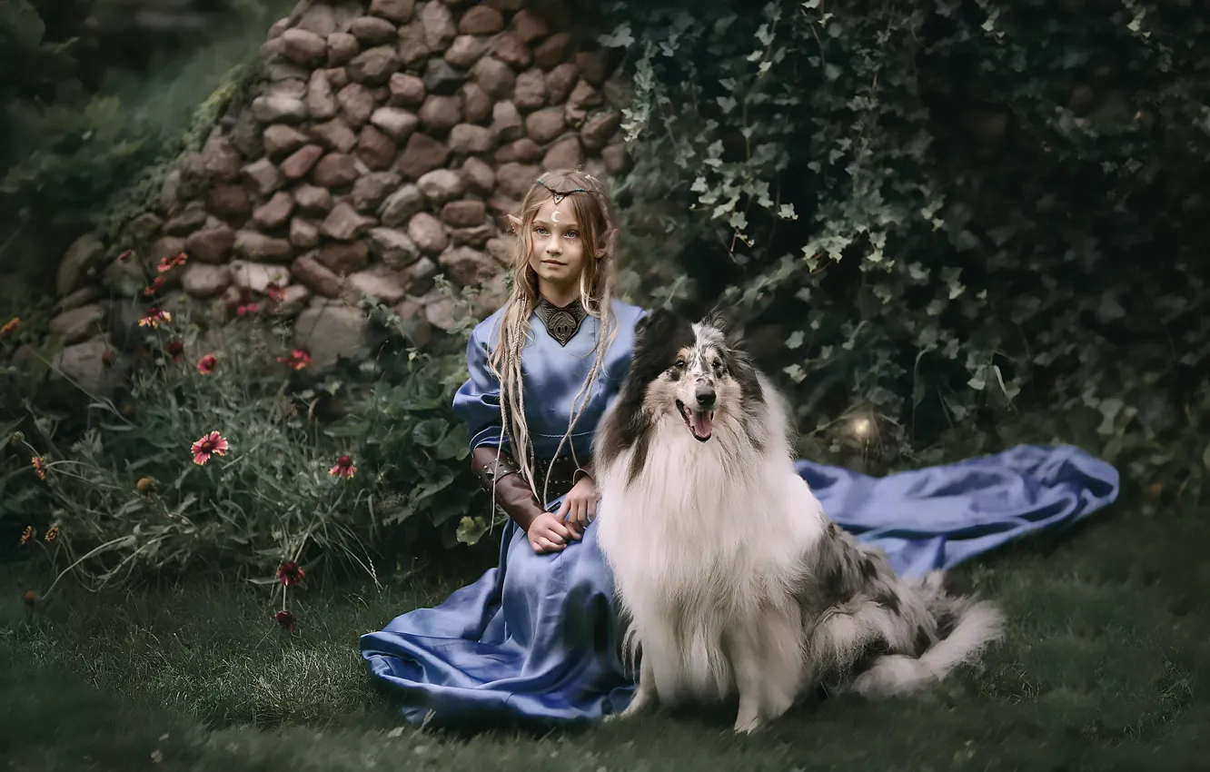 Photo wallpaper dog, girl, selfica