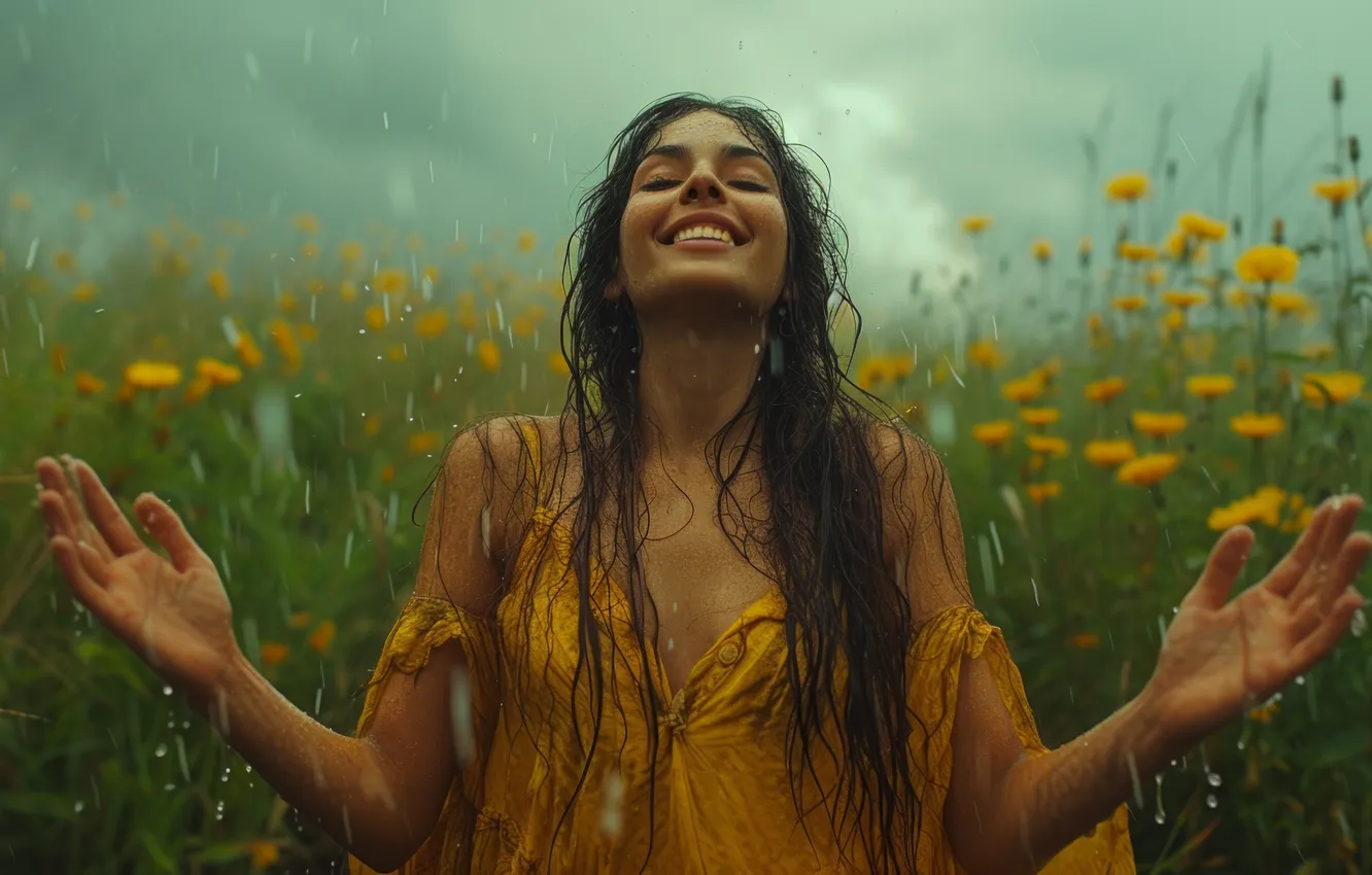 Photo wallpaper girl, joy, flowers, smile, rain, digital art, AI art, The Art of Artificial Intelligence