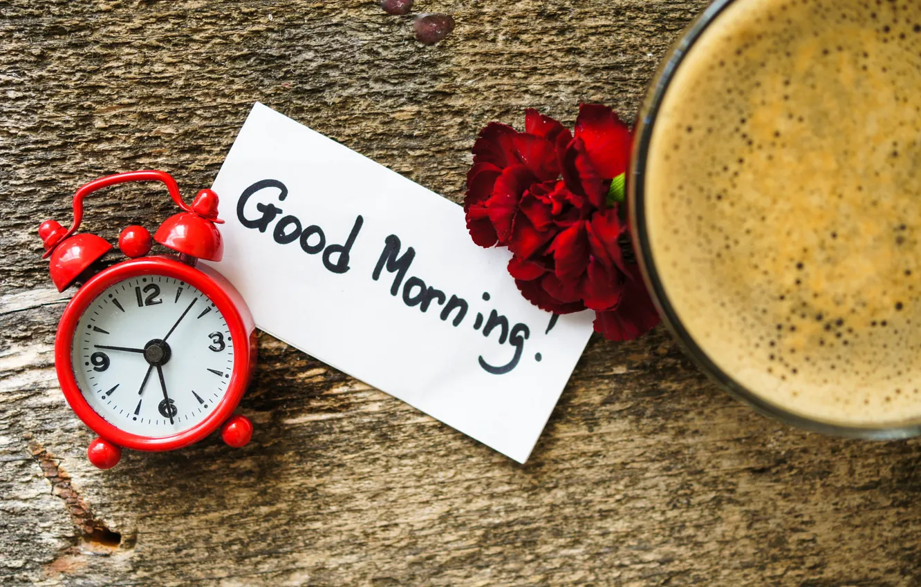 Photo wallpaper flowers, time, Board, watch, coffee, morning, alarm clock, Cup