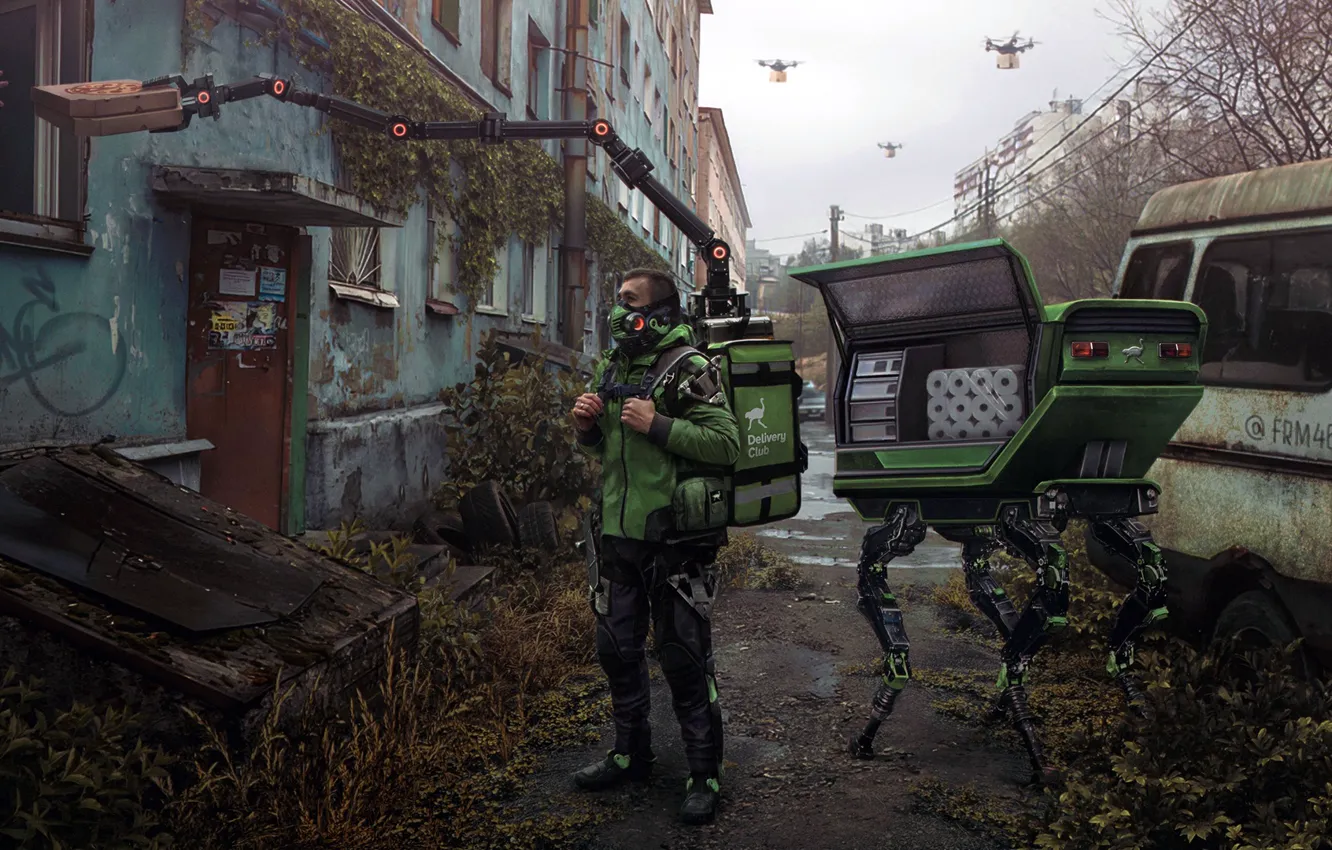 Photo wallpaper street, robot, food, home, costume, pizza, backpack, products