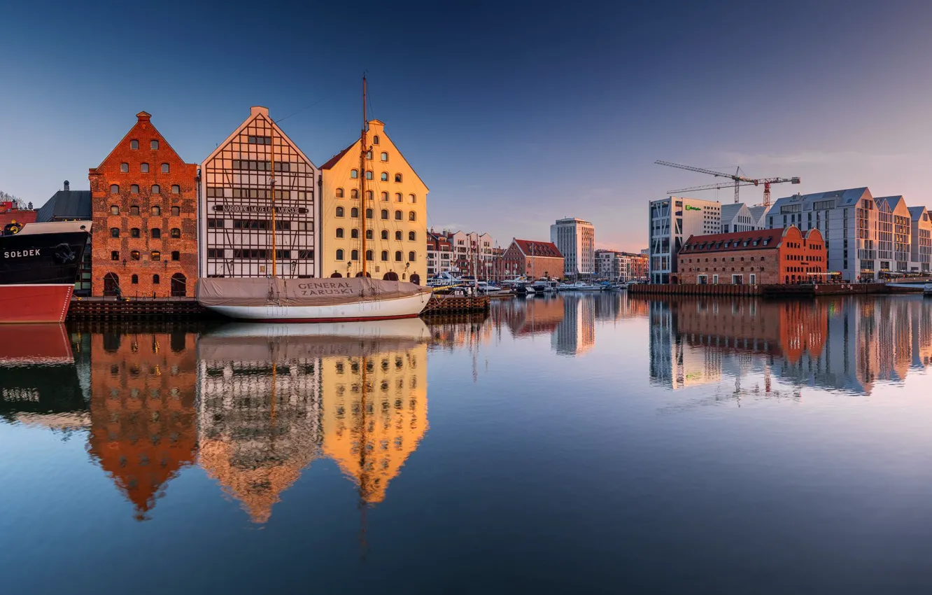 Photo wallpaper reflection, river, building, home, port, Poland, Poland, Gdansk