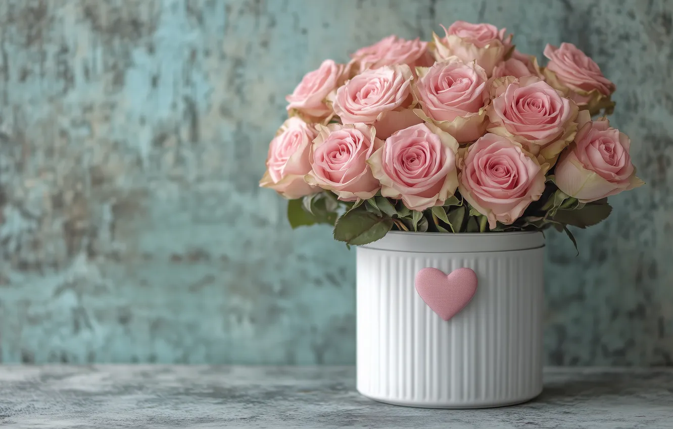 Photo wallpaper love, flowers, wall, birthday, holiday, heart, roses, bouquet
