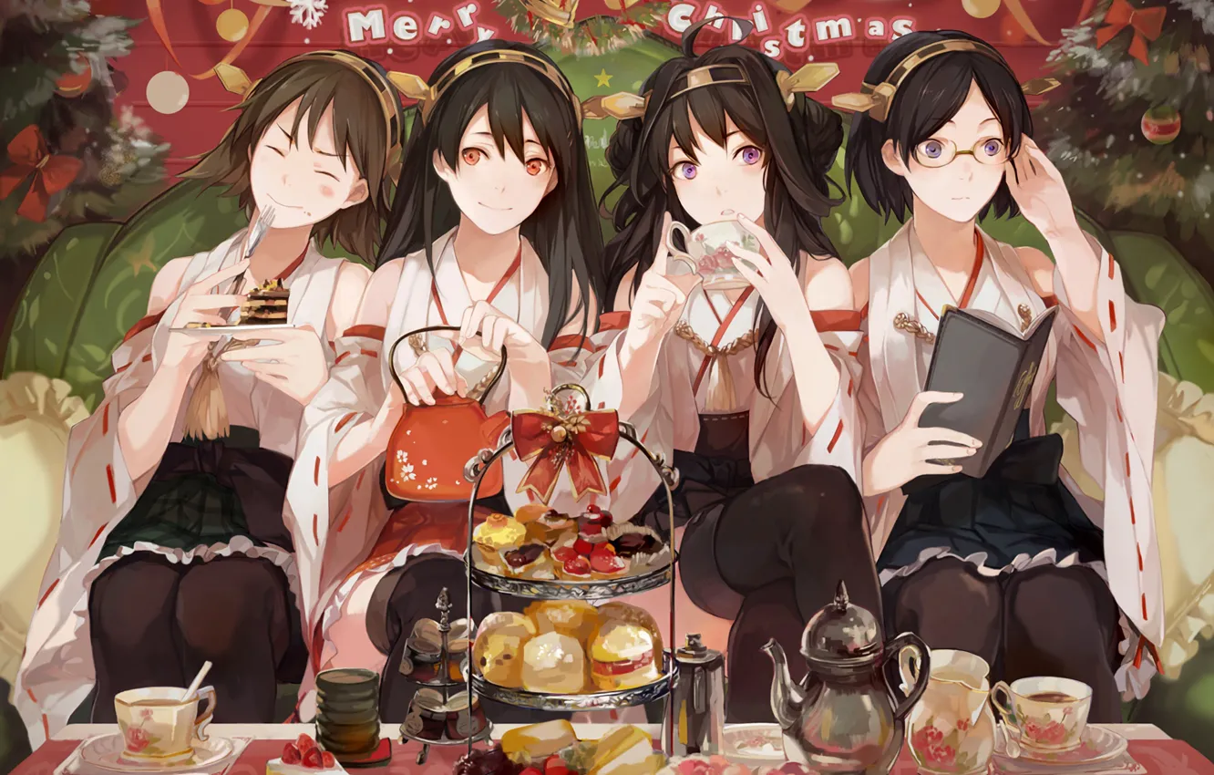 Photo wallpaper merry christmas, tea, anime girls, kantai collection, kongou