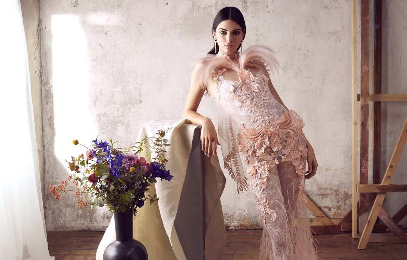 Photo wallpaper flowers, pose, style, model, bouquet, dress, brunette, Kendall Jenner