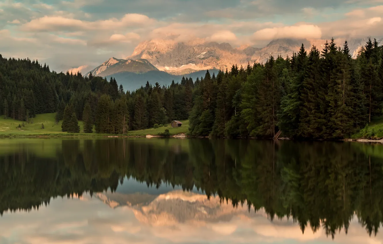 Photo wallpaper forest, mountains, reflection, Alps, house