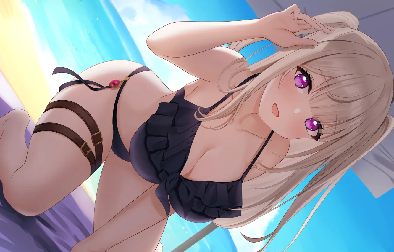 Photo wallpaper cleavage, beach, long hair, umbrella, water, purple eyes, sand, blonde