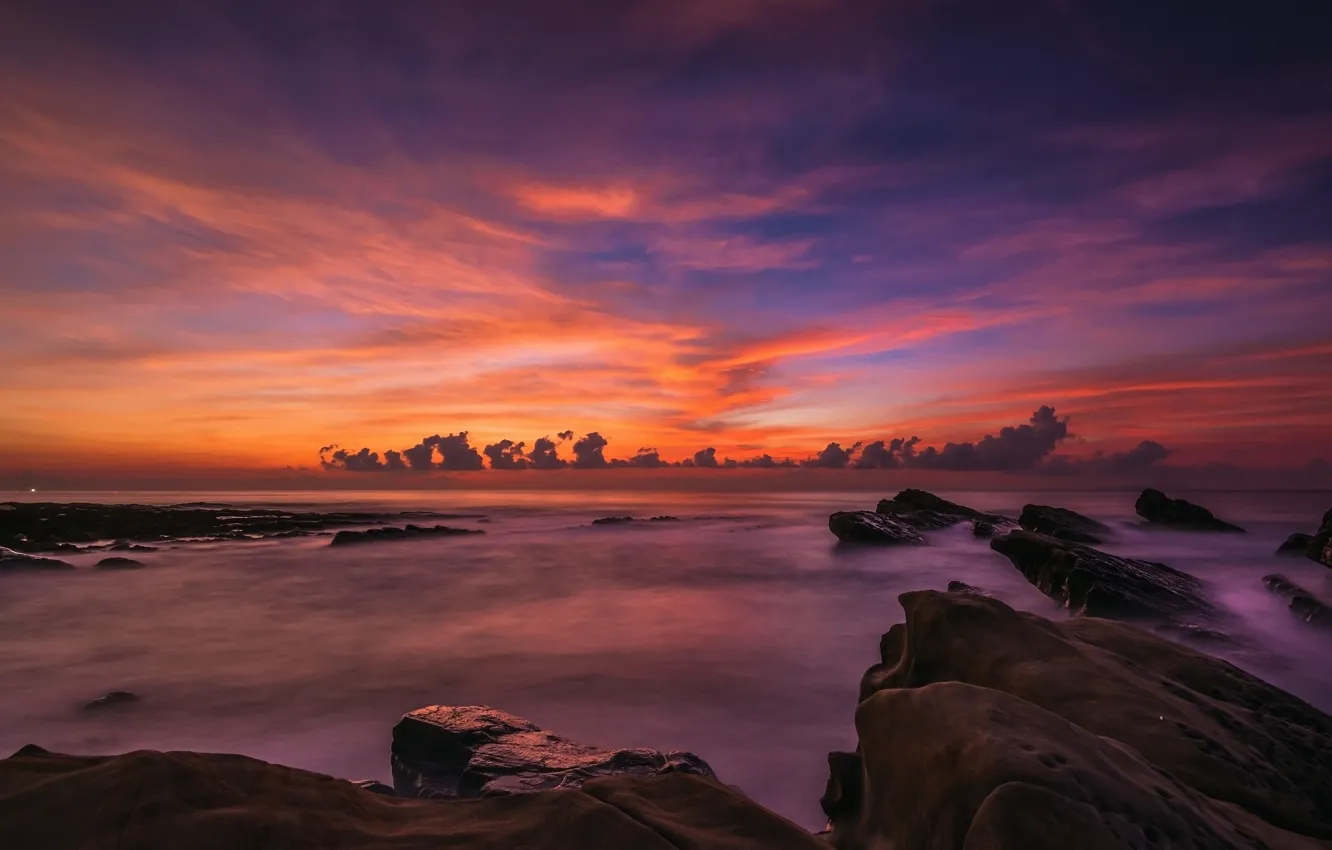 Photo wallpaper sea, the sky, clouds, landscape, sunset, bright, stones, rocks
