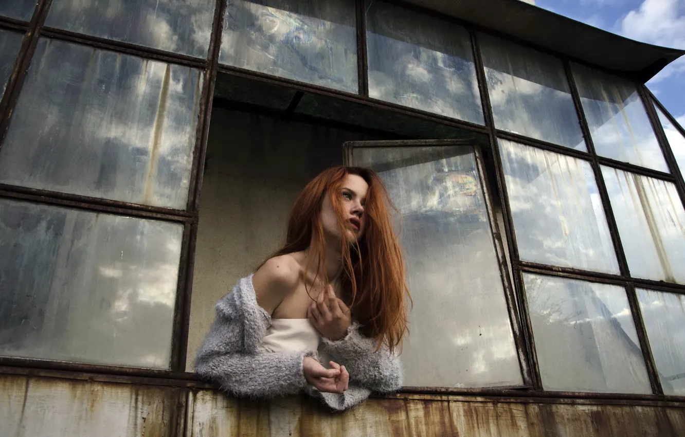 Photo wallpaper pose, window, the red-haired girl