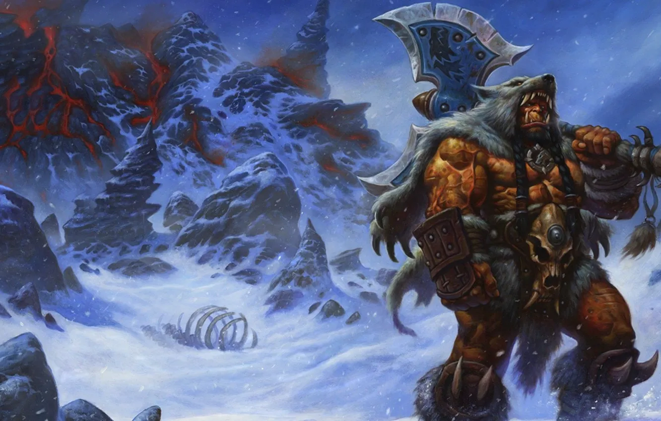 Photo wallpaper snow, mountains, axe, Warcraft, Orc, Durotan, wolfskin