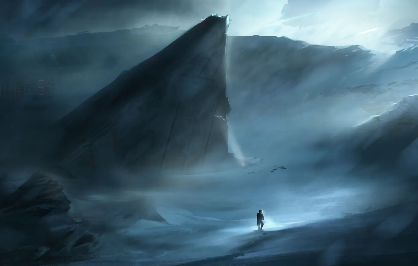 Photo wallpaper the wreckage, snow, fiction, people, ship, art