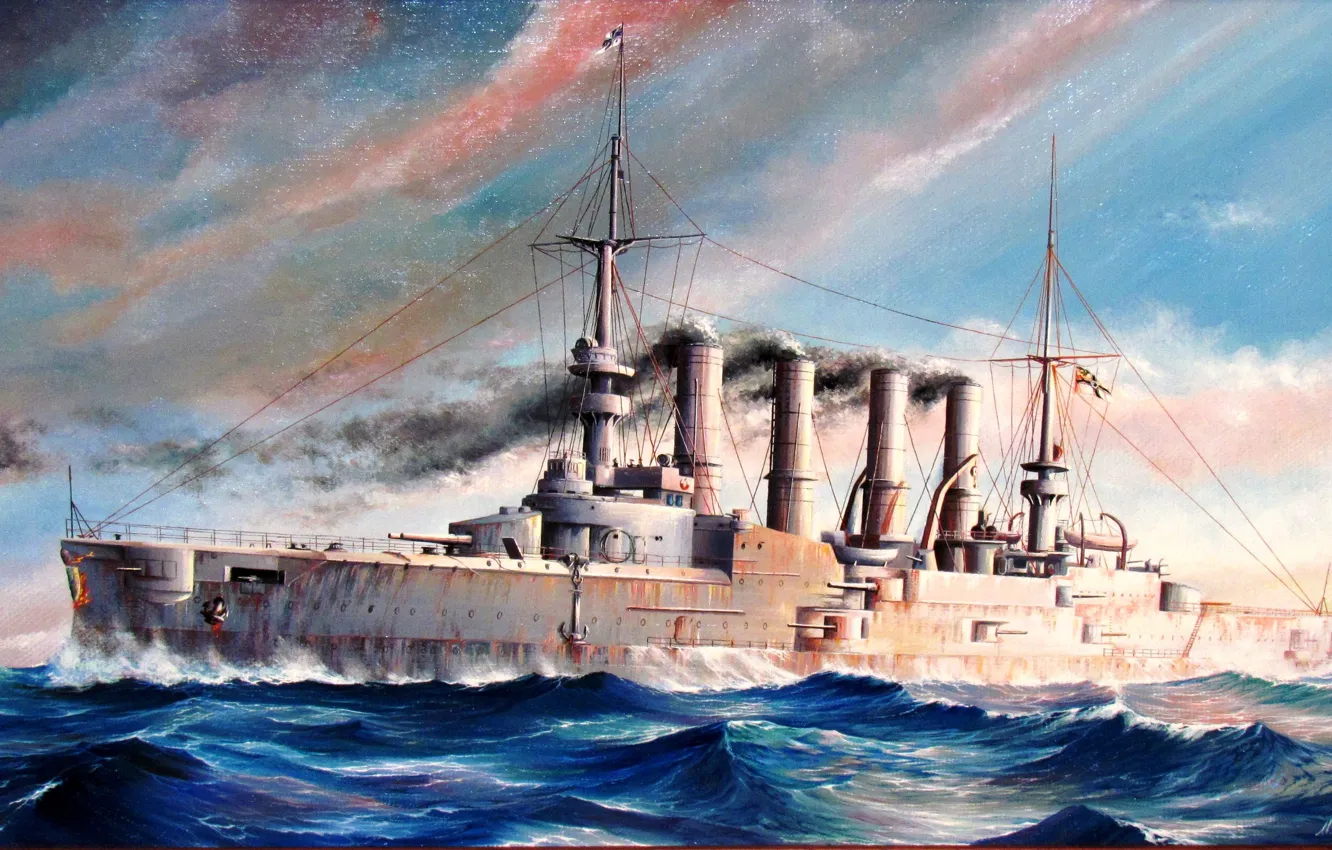Photo wallpaper sea, figure, art, WW1, armored cruiser, SMS Scharnhorst, the German Imperial Navy, the artist M. …