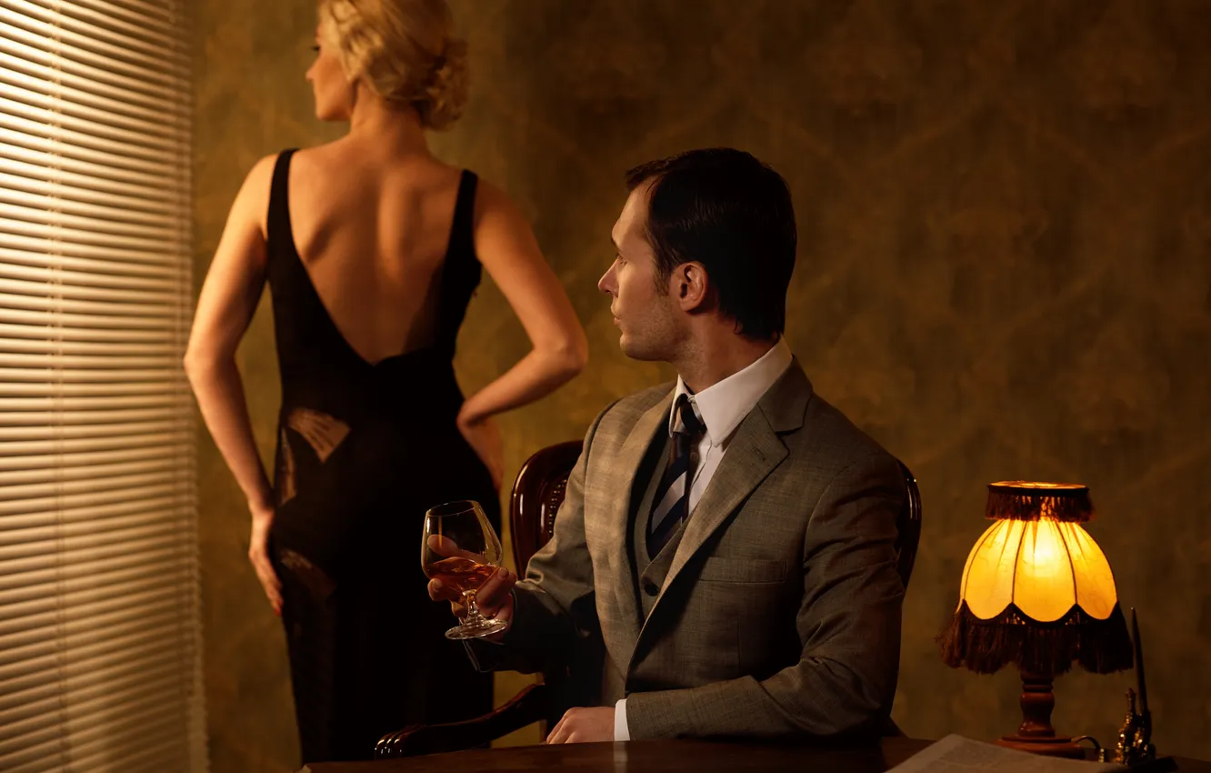 Photo wallpaper girl, retro, back, glass, blonde, male, floor lamp, blinds