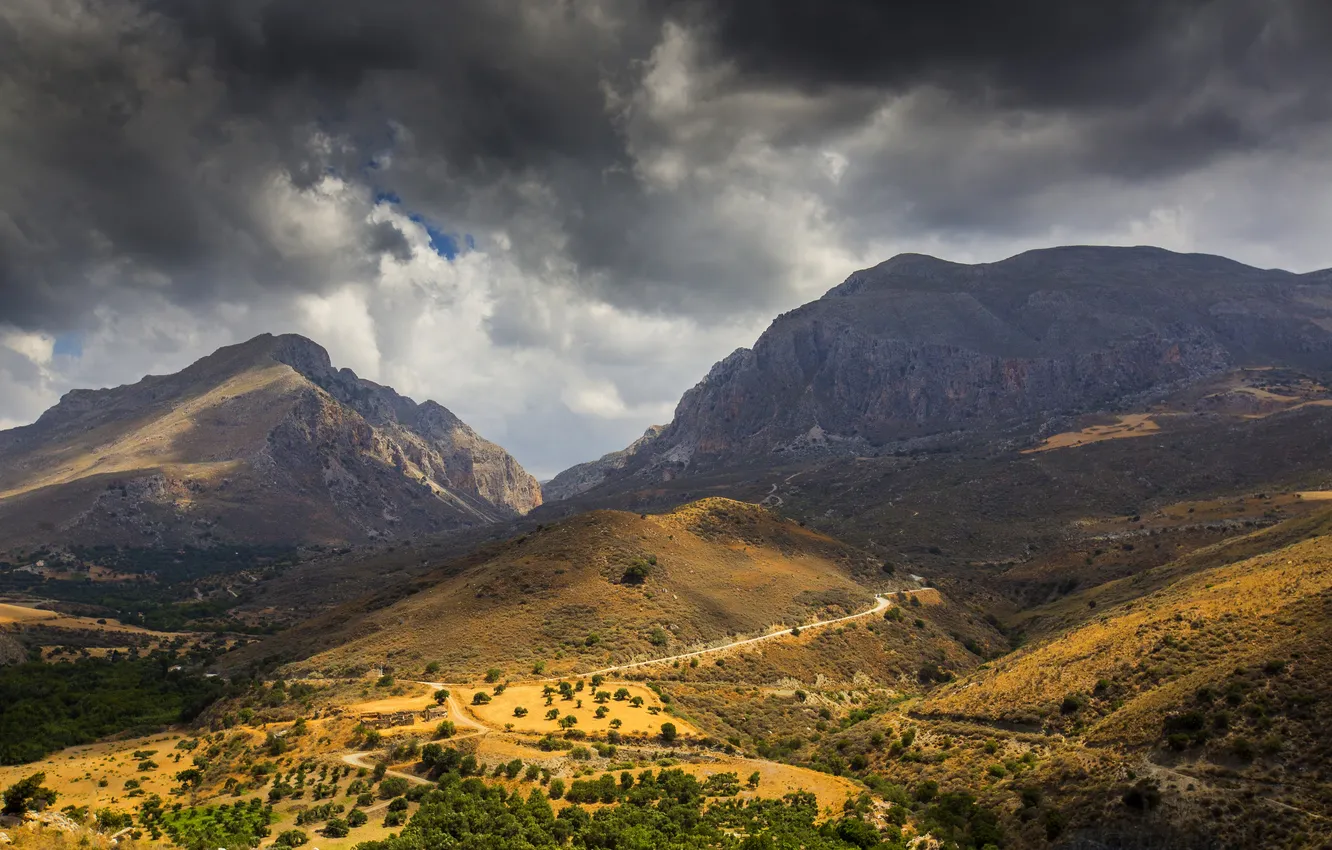 Photo wallpaper clouds, mountains, island, Greece, valley, Crete, Crete