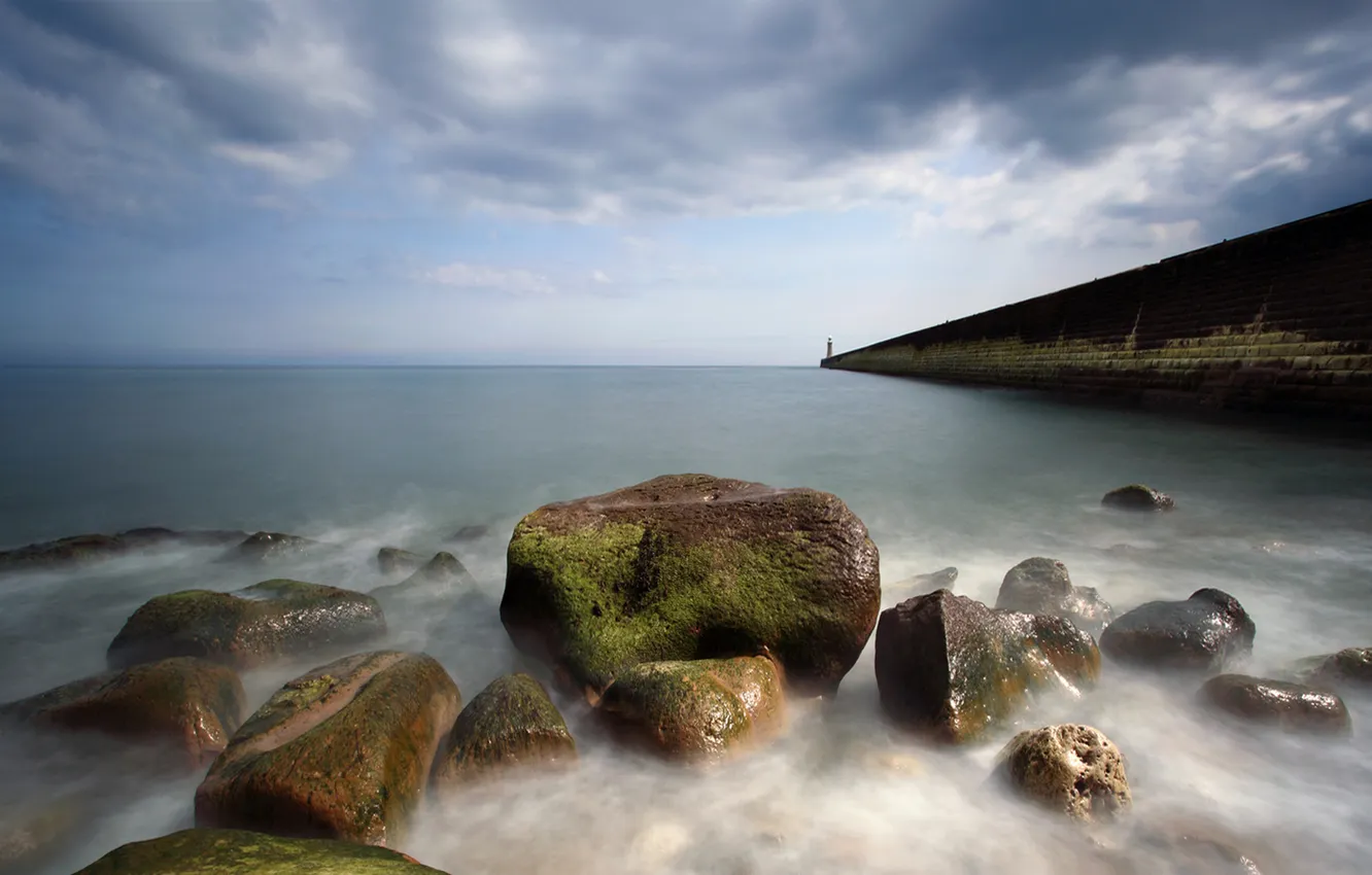 Photo wallpaper sea, the sky, clouds, stones, wall, England, moss