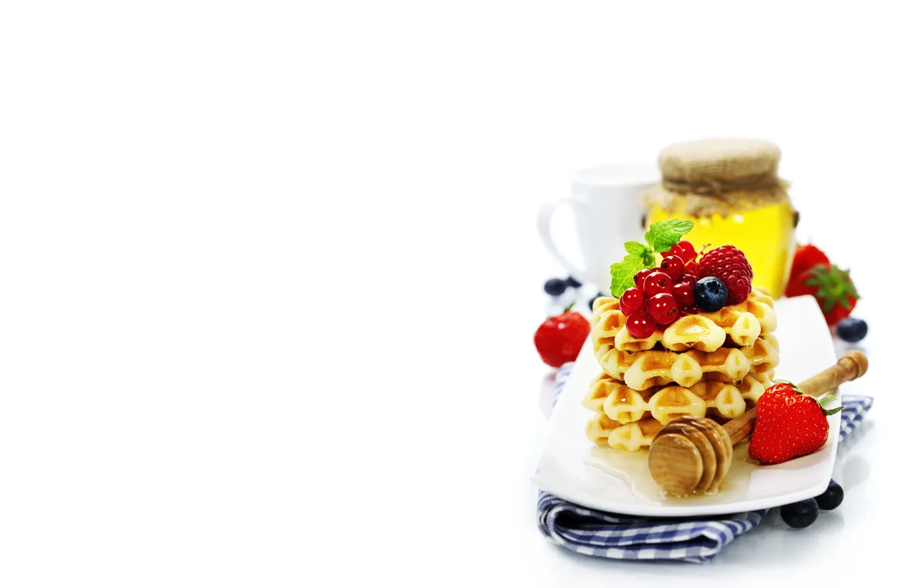 Photo wallpaper berries, Breakfast, blueberries, strawberry, plate, mug, honey, honey