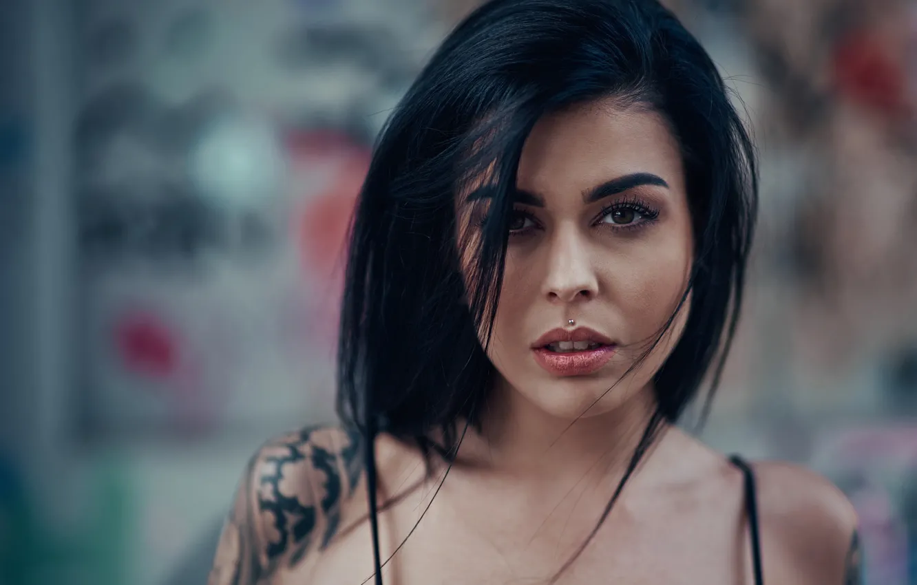 Photo wallpaper look, background, portrait, makeup, piercing, brunette, tattoo, hairstyle