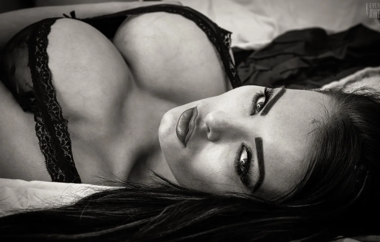 Photo wallpaper white, black, bra, boobs, Charley Atwell