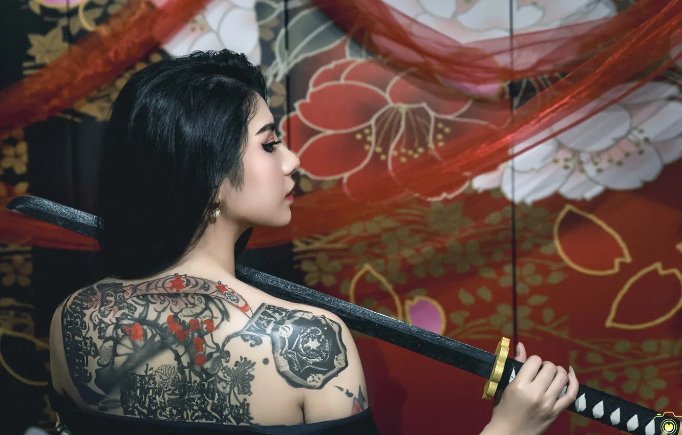 Photo wallpaper girl, tattoo, Asian