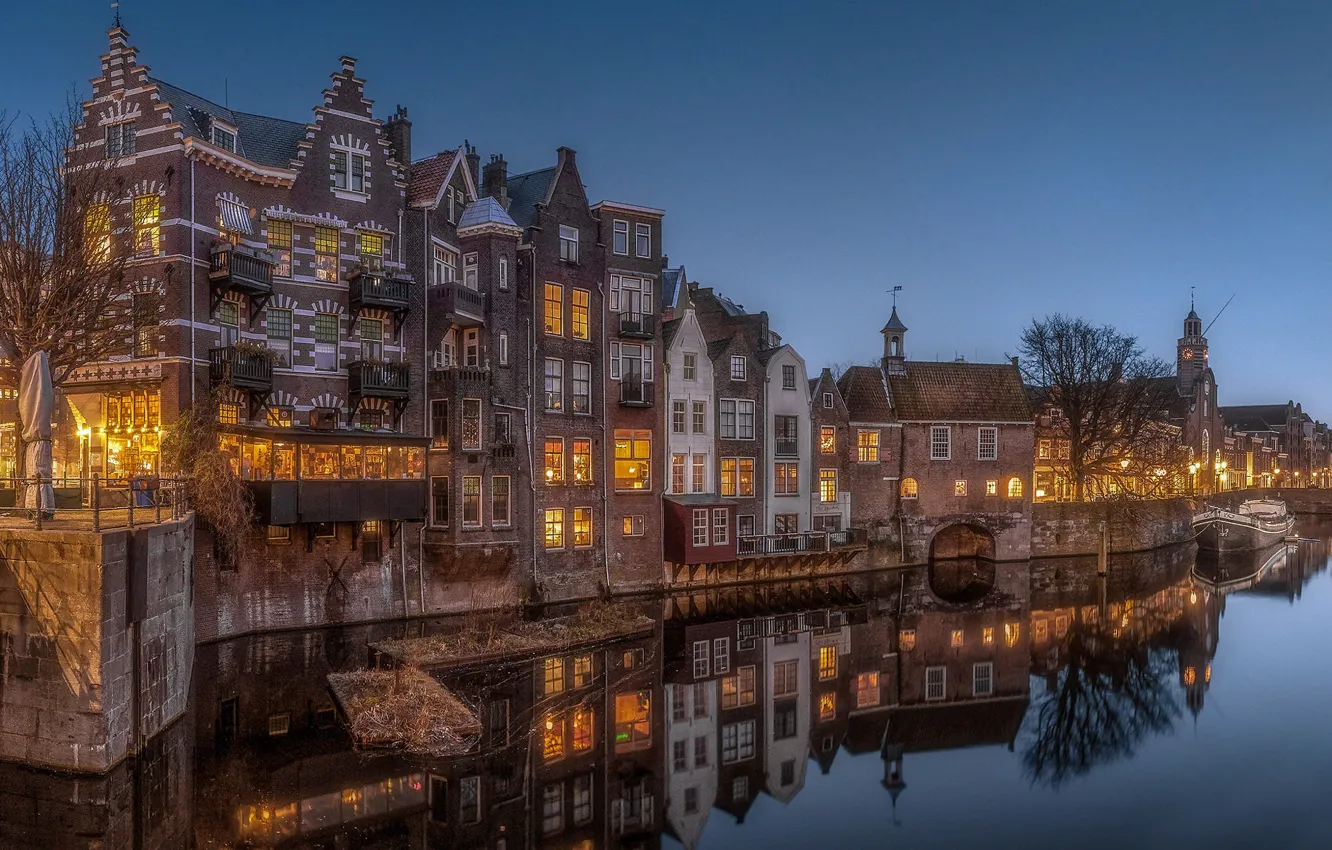 Photo wallpaper the city, reflection, home, the evening, lighting, channel, Netherlands, Holland