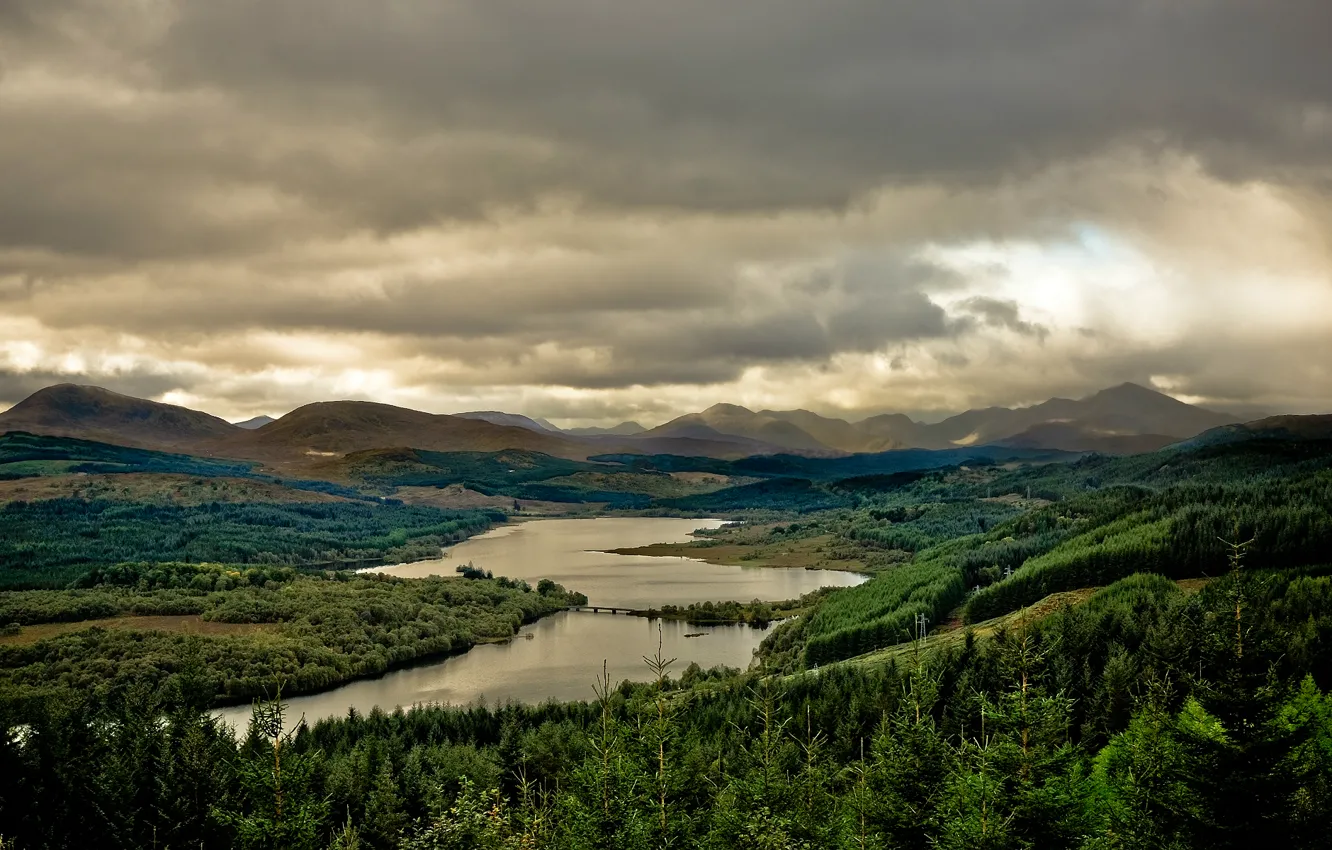 Photo wallpaper forest, the sky, trees, landscape, mountains, clouds, lake, Scotland