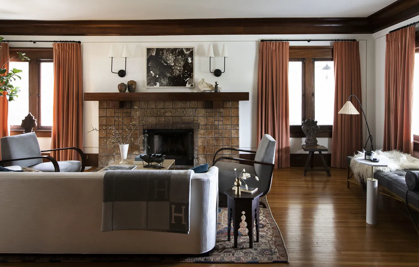 Photo wallpaper design, interior, Los Angeles, Los Angeles, living room, historic fireplace and terracotta drapes, historic fireplace …
