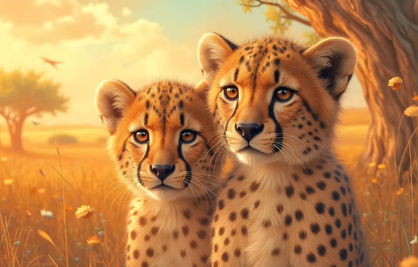 Photo wallpaper field, clouds, light, trees, portrait, Cheetah, Savannah, cub