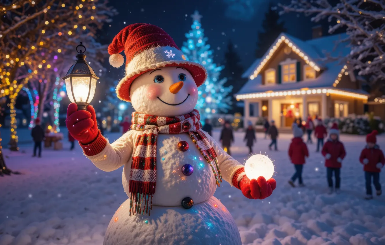 Photo wallpaper winter, light, snow, night, lights, new year, scarf, area