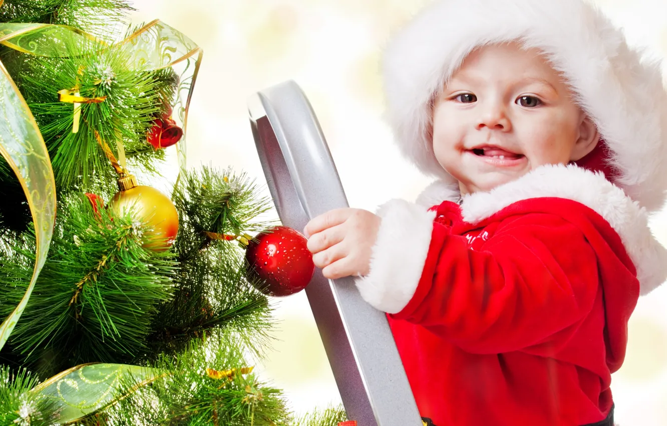 Photo wallpaper children, new year, ladder, guy, New Year, merry christmas, Christmas tree, children