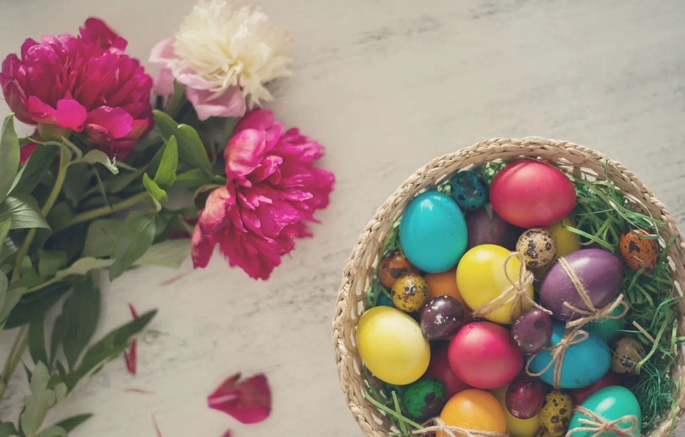 Photo wallpaper flowers, eggs, Easter, peonies, eggs