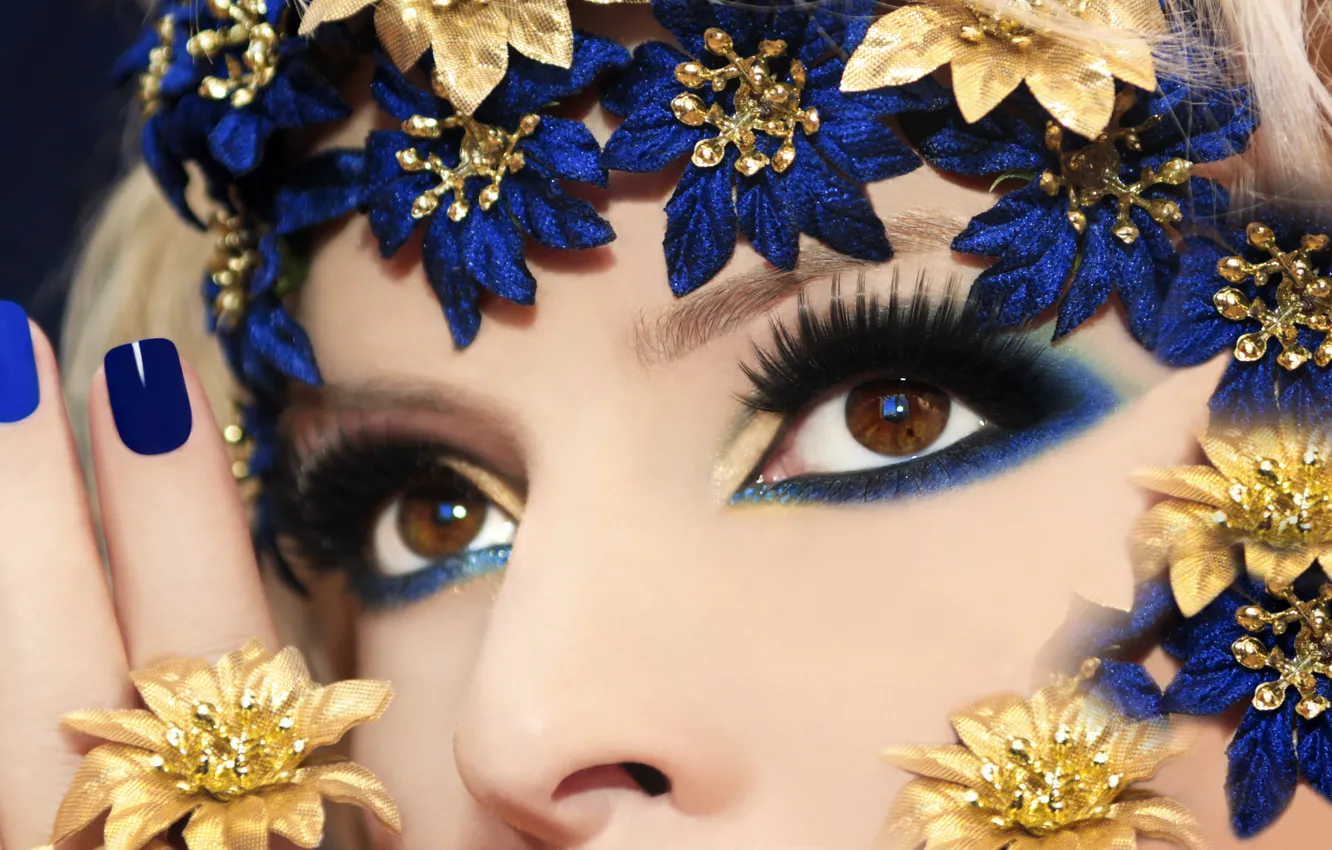 Photo wallpaper girl, eyelashes, style, background, brown eyes, makeup. flowers