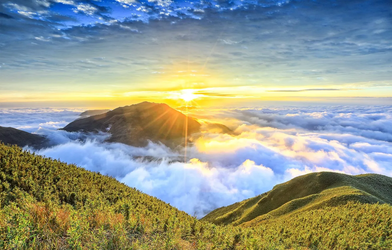 Photo wallpaper the sun, mountains, dawn, morning