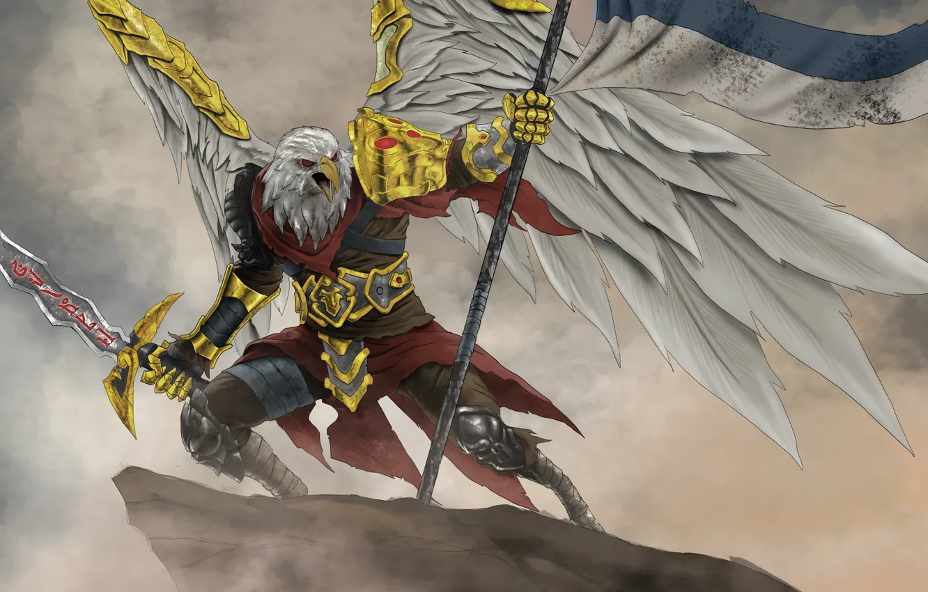 Photo wallpaper freedom, rocks, eagle, wings, sword, warrior, banner