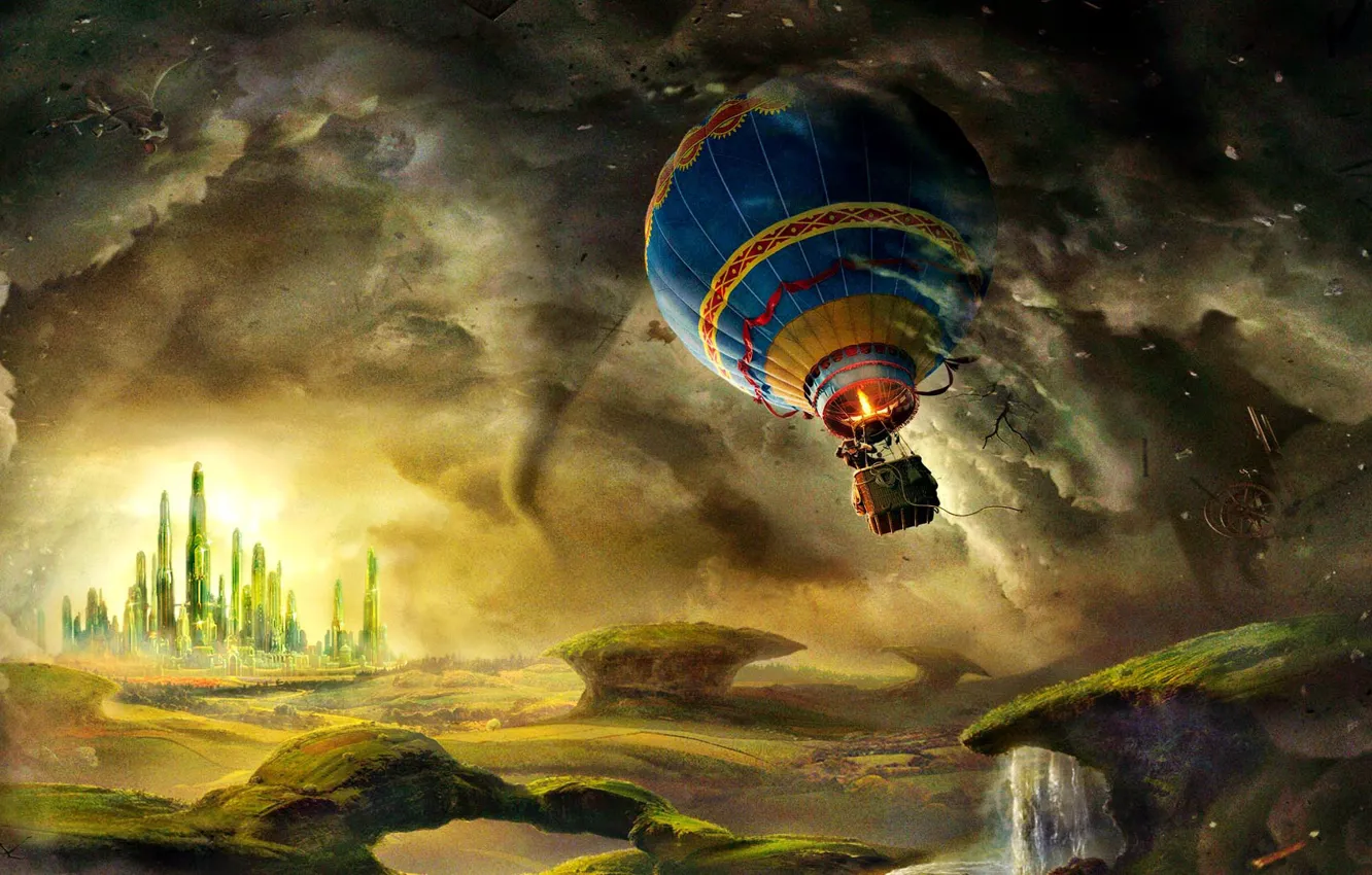 Photo wallpaper the wreckage, flight, hope, balloon, tower, traveler, valley, tornado