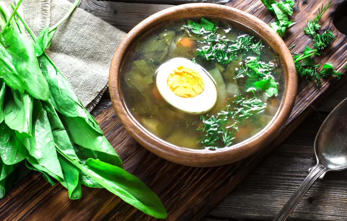Photo wallpaper eggs, bowl, Sorrel, green soup