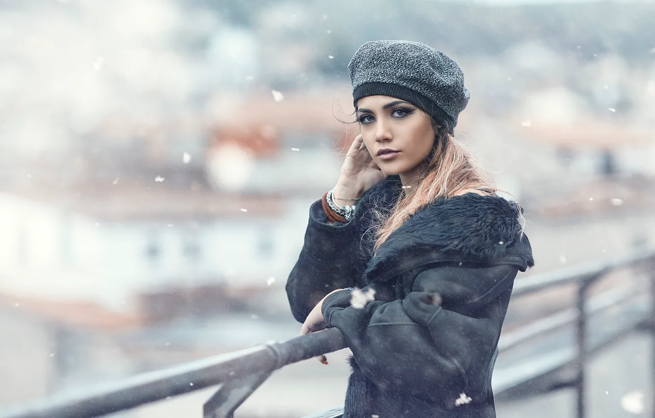Photo wallpaper winter, look, girl, snow, hat, makeup, Alessandro Di Cicco, sheepskin