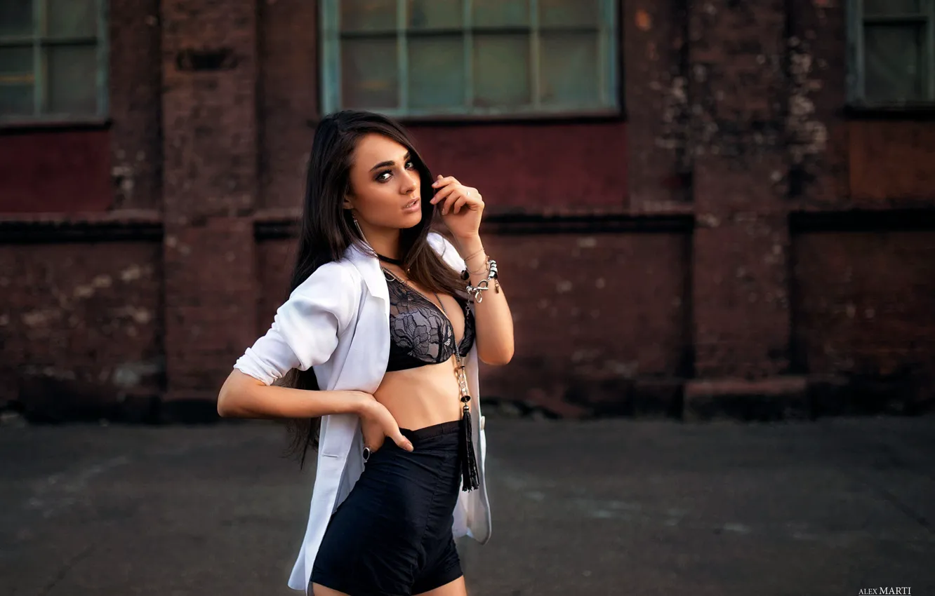 Photo wallpaper look, girl, pose, shorts, building, figure, brunette, jacket