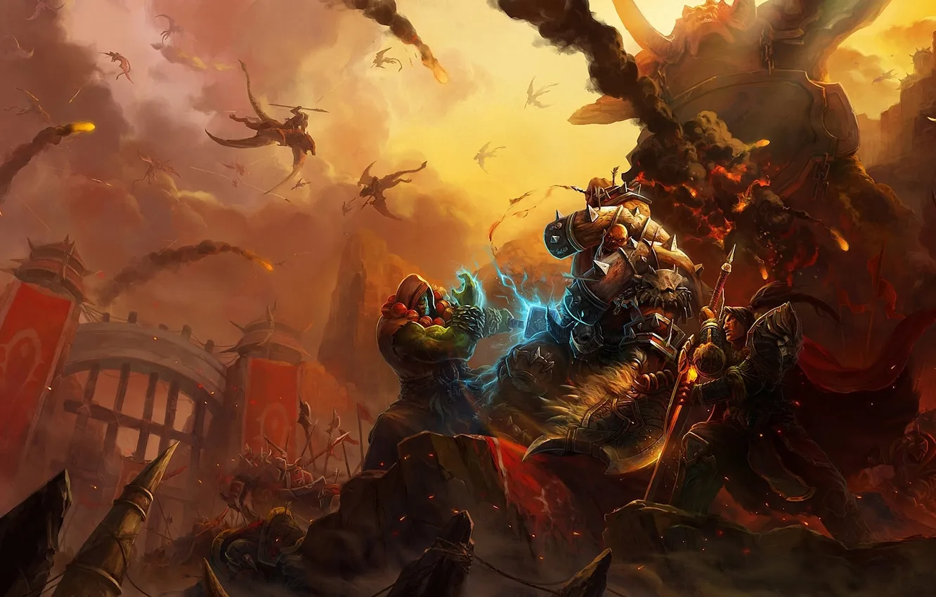 Photo wallpaper weapons, dragon, monster, art, World of Warcraft, battle, Orc, wow