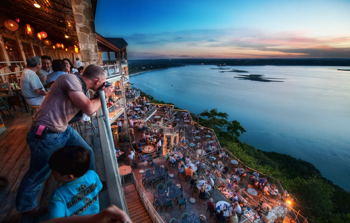 Photo wallpaper sunset, table, coast, people, lights, photographer, restaurant