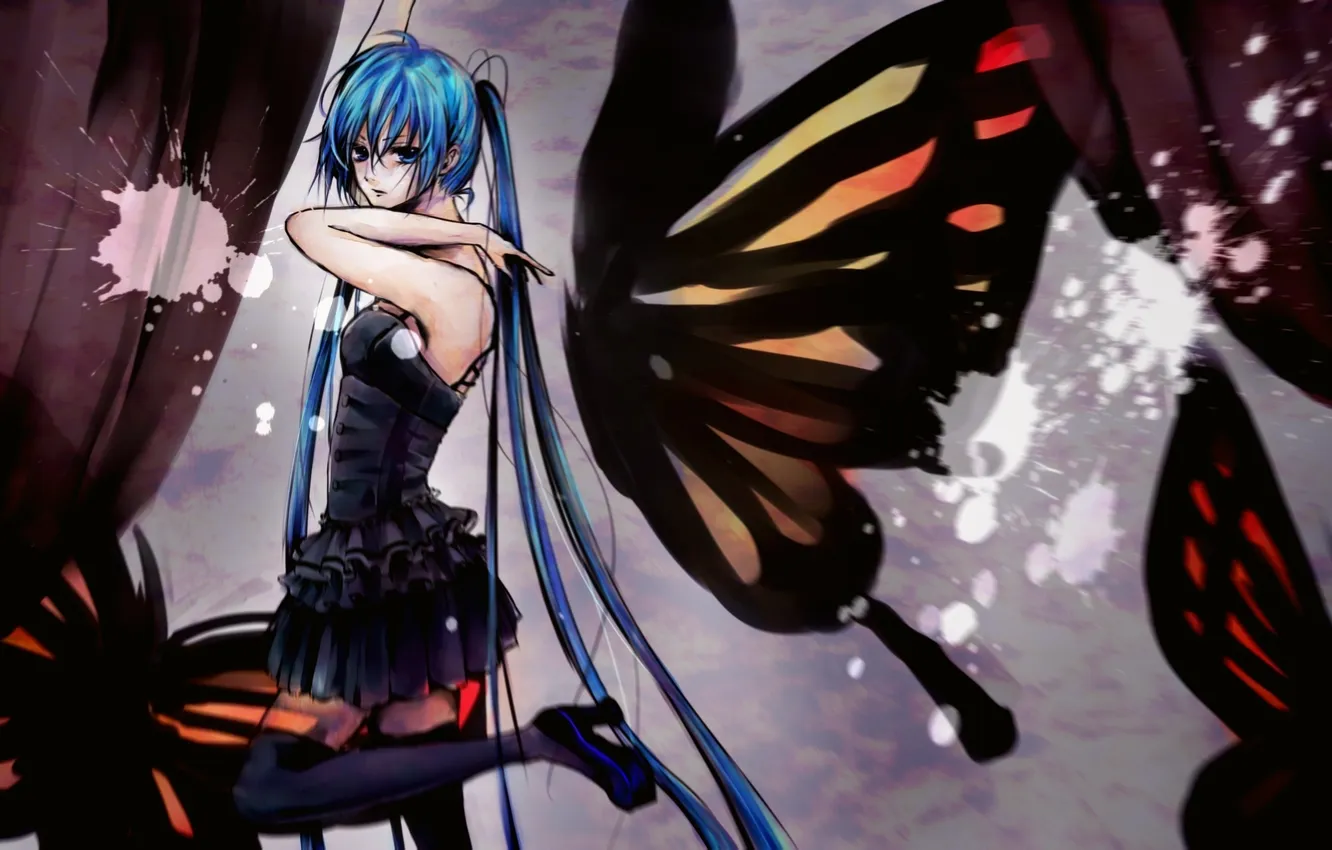 Photo wallpaper girl, butterfly, shoes, stockings, dress, blue eyes, hatsune miku, Vocaloid